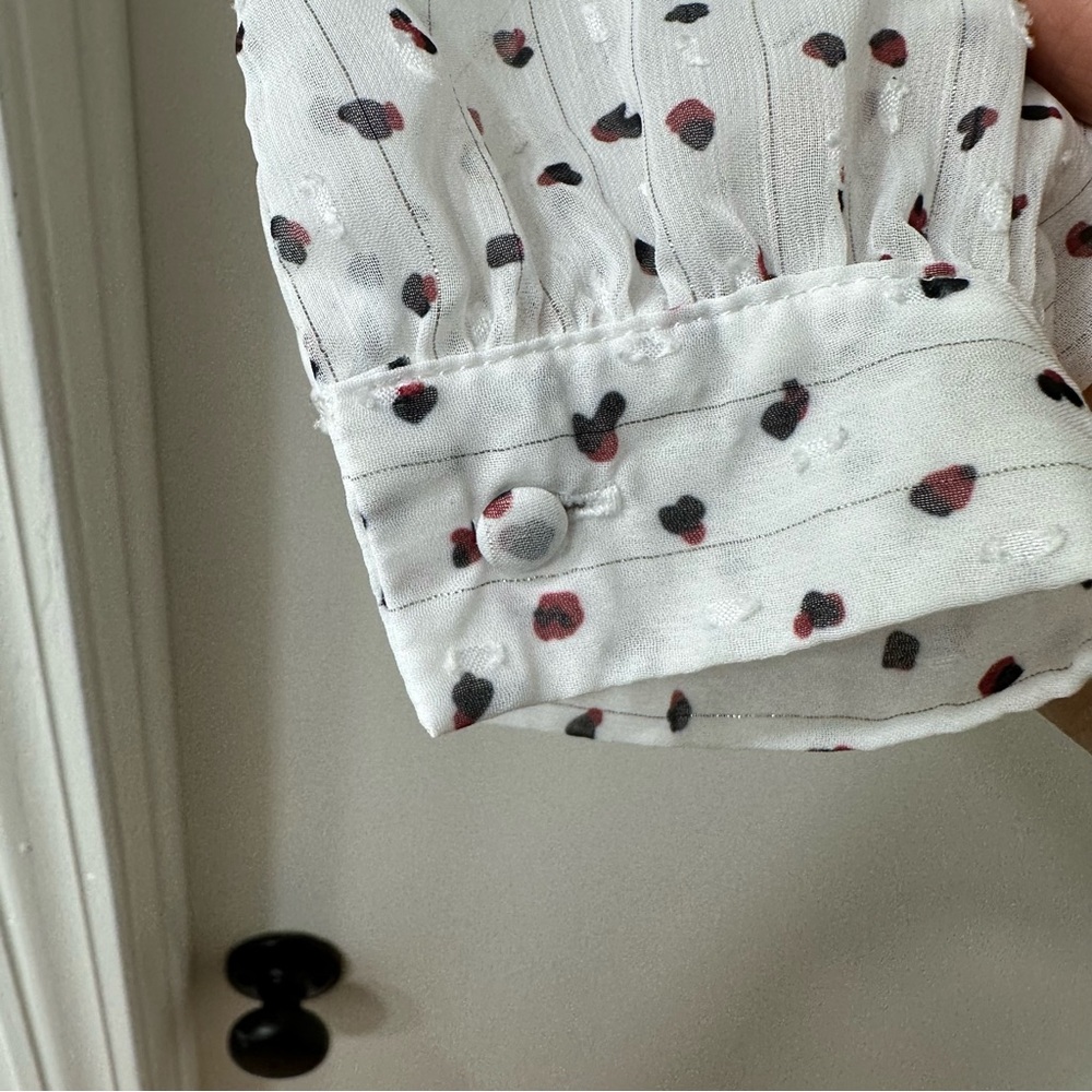 Promesa White Lace Victorian Style Blouse w/ Black & Red Polka Dots, Size Medium - Picture 7 of 10